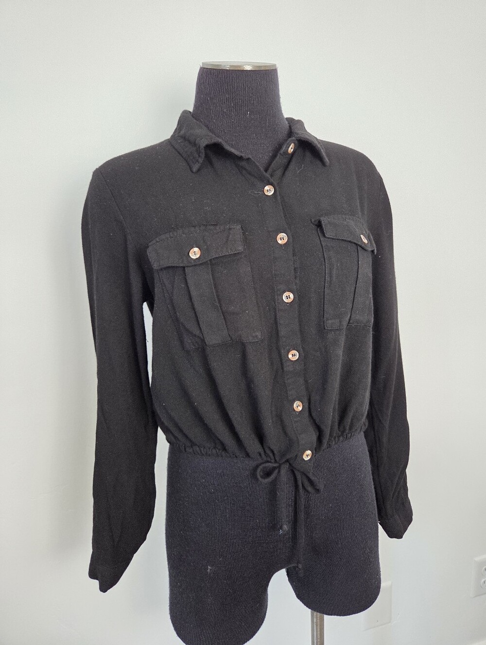 Nobo Black Button Up Shirt Rayon Cinch Waist Long Sleeve Summer Modest Teacher M